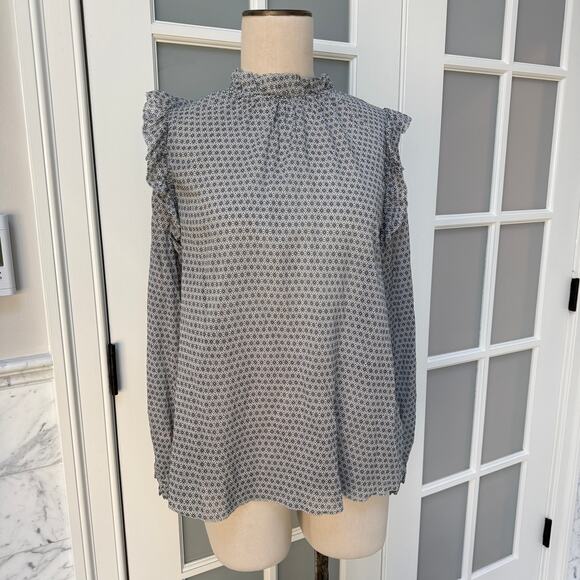 NWT SUNDAYS Alexa Blouse Ruffle Blouse White Gray Cotton Printed Medium - Picture 5 of 6